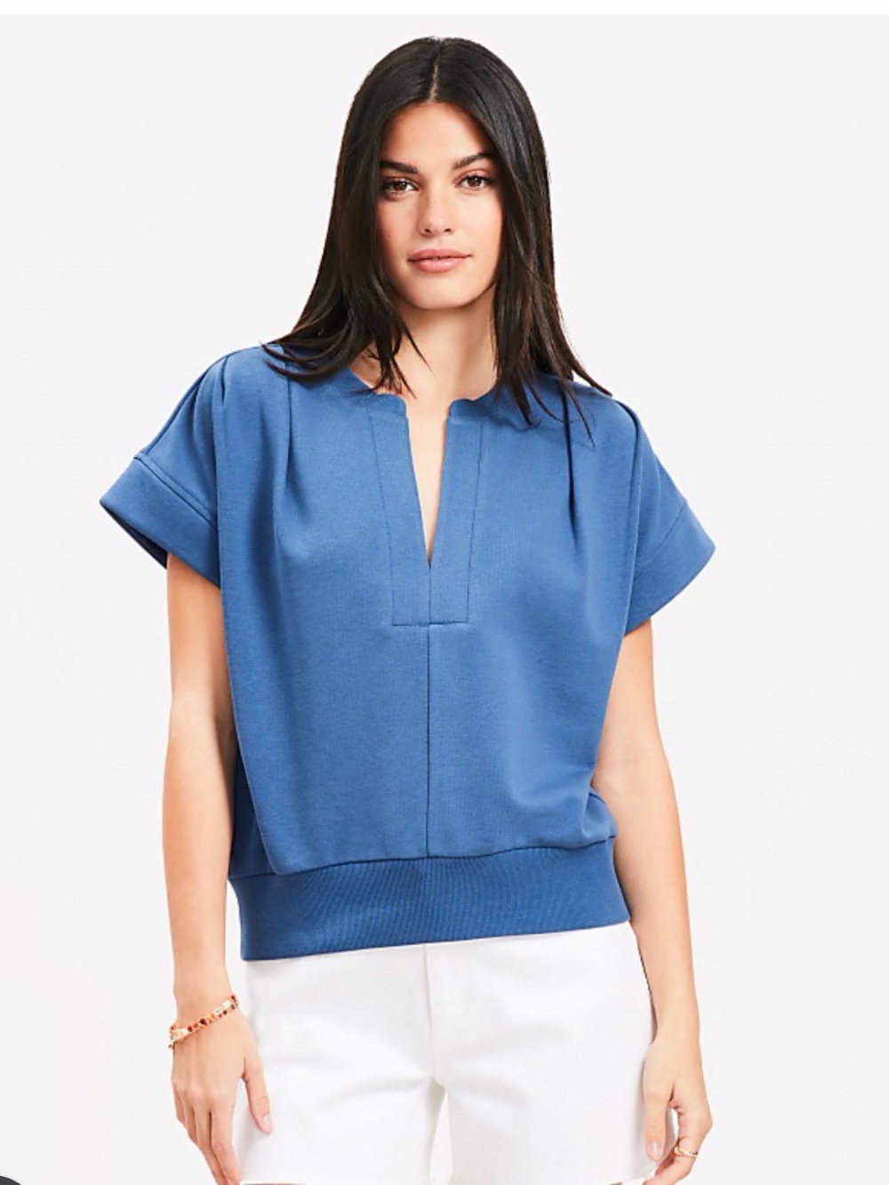 Loft Pleated V Neck Short Sleeve Sweatshirt Blue Size M